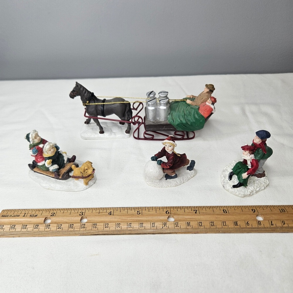 Victorian Winter Christmas Village Figurines Set 4 Horse Sleigh Sledding Skaters